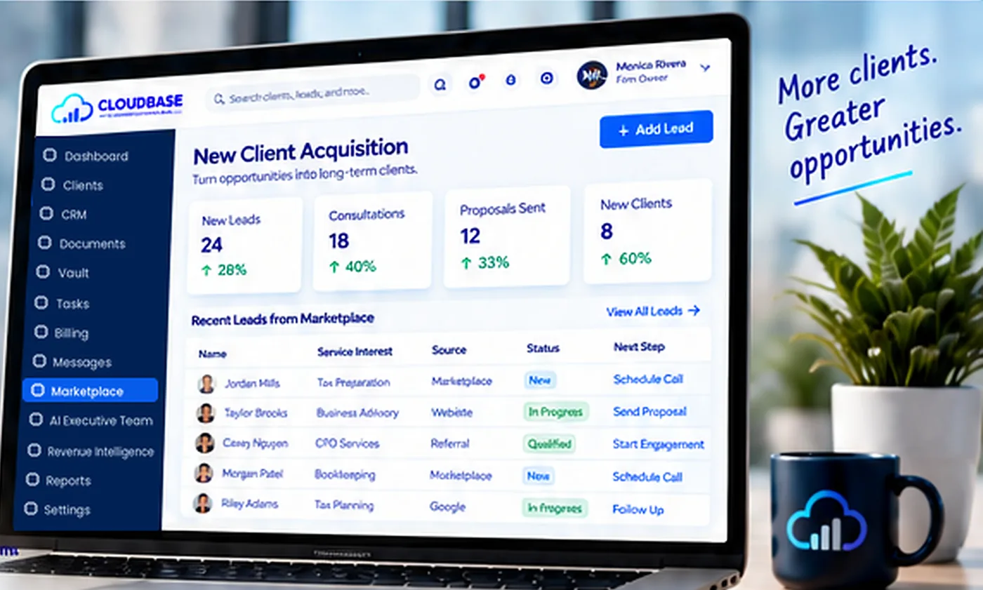 Cloudbase New Client Acquisition dashboard with recent leads from Marketplace