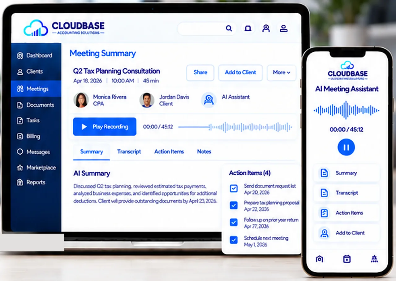 Cloudbase AI Meeting Assistant meeting summary with action items on a laptop and phone