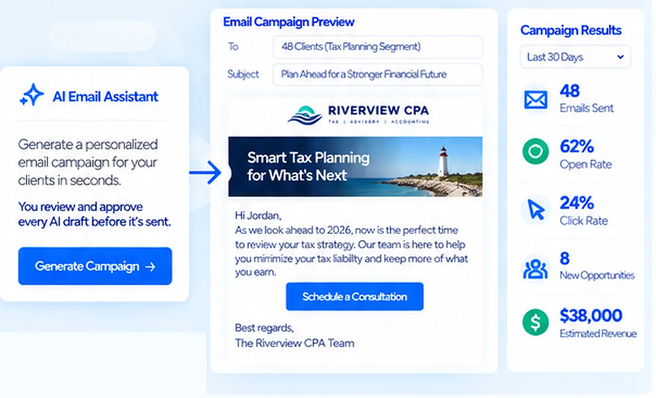 AI Email Assistant, a Riverview CPA email campaign preview and campaign results