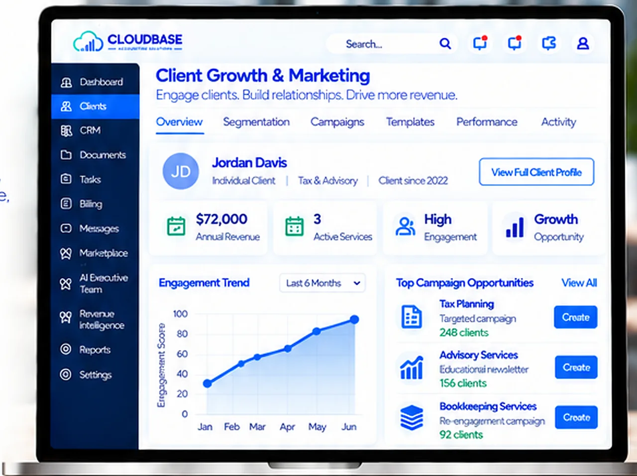 Cloudbase Client Growth & Marketing screen with engagement trend and campaign opportunities