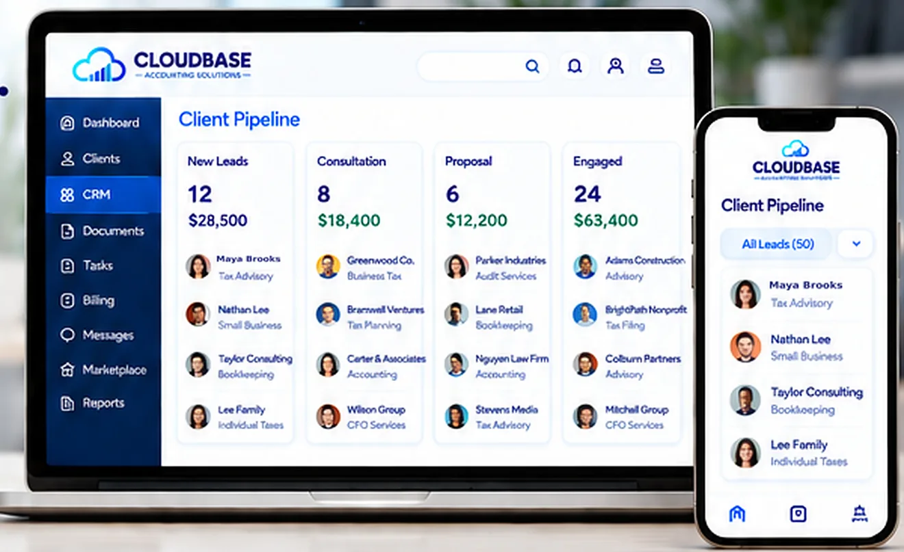 Cloudbase CRM client pipeline with new leads, consultations, proposals and engaged clients
