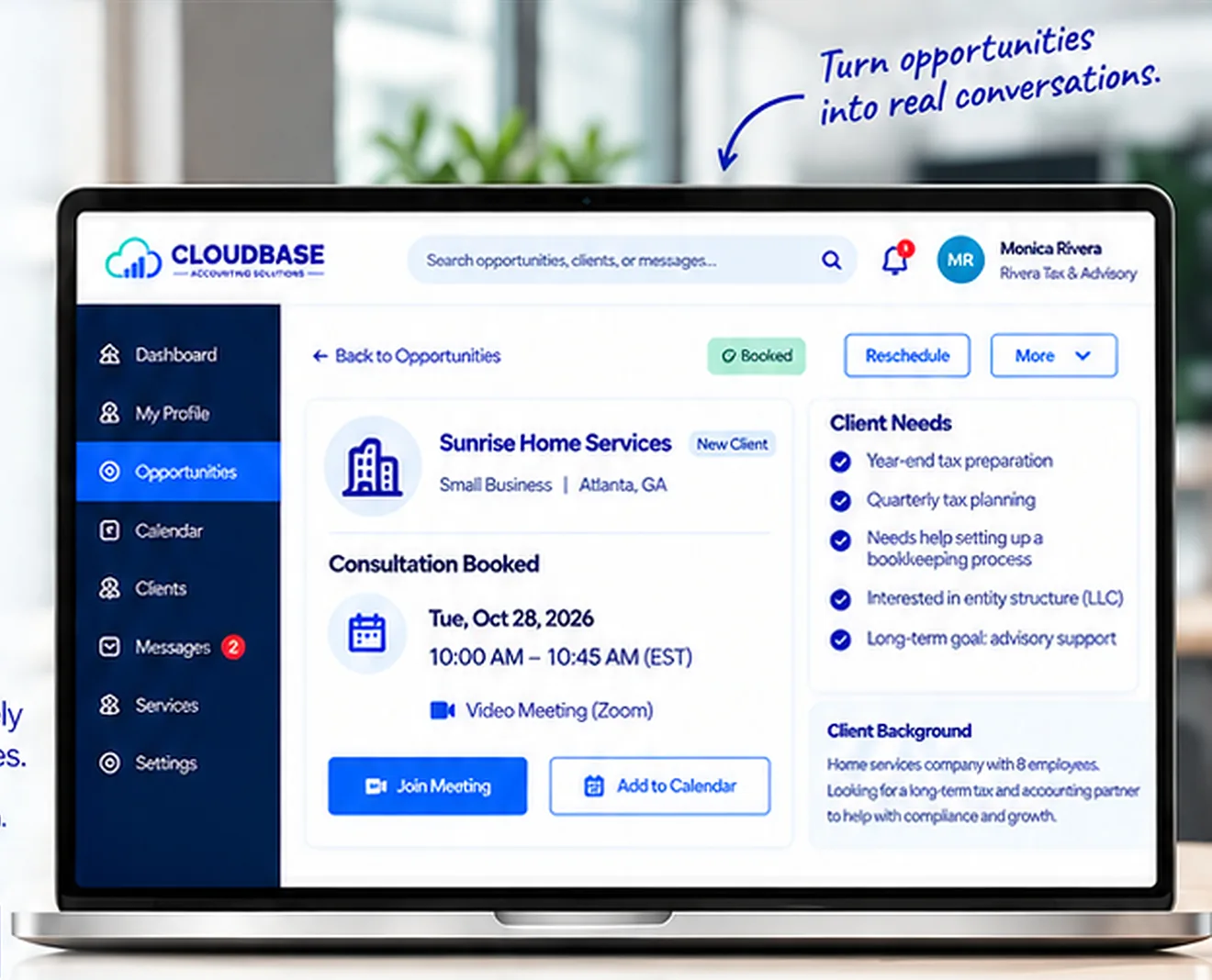 Cloudbase app showing a consultation booked through Cloudbase Marketplace