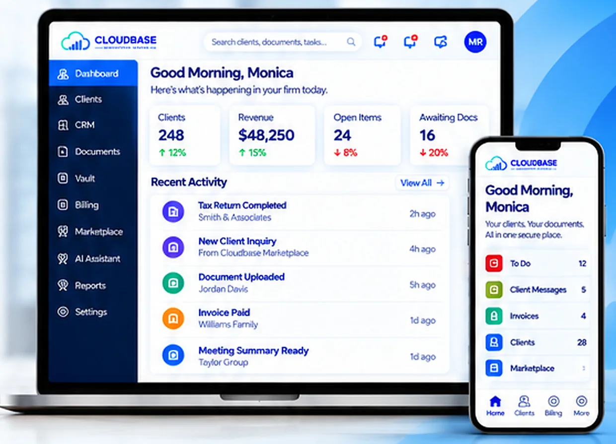 Panel de Cloudbase saludando a Monica con clientes, ingresos y actividad reciente en una laptop y un teléfono