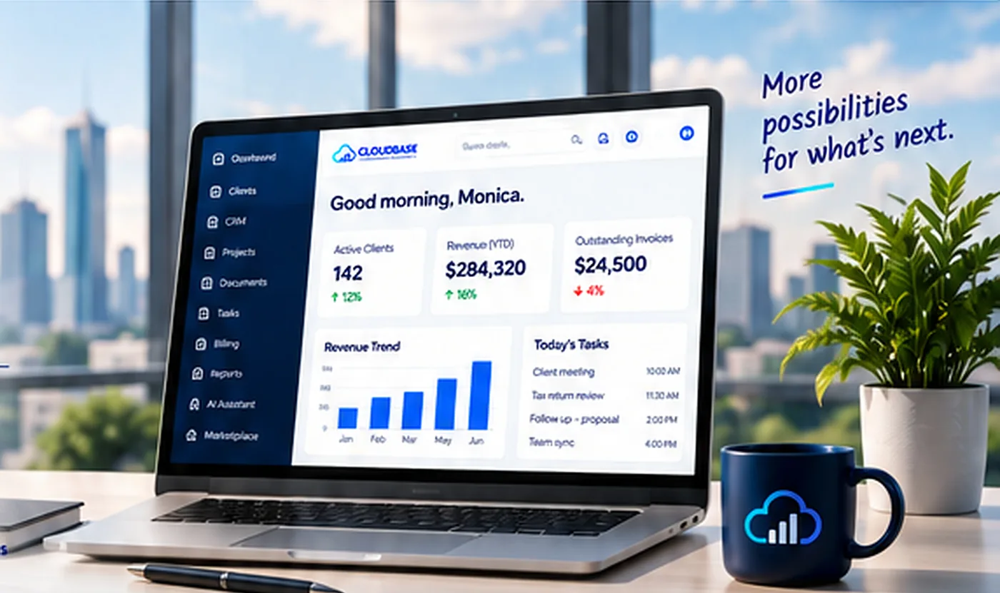 Panel de Cloudbase saludando a Monica con la tendencia de ingresos y las tareas del día