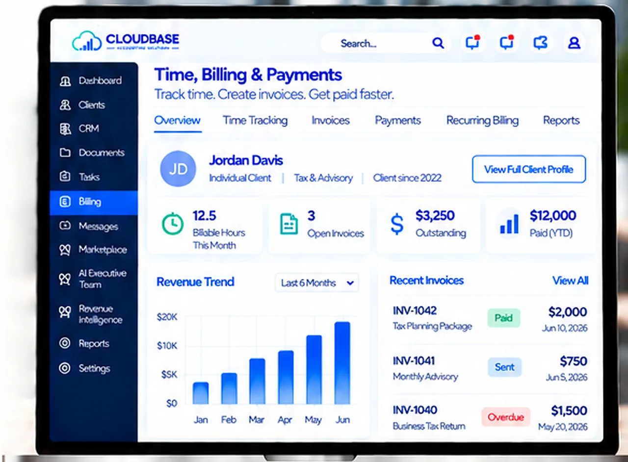 Cloudbase Time, Billing & Payments with revenue trend and recent invoices