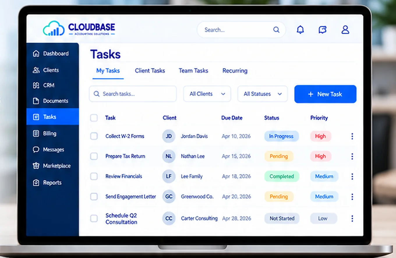 Lista de tareas de Cloudbase con clientes, fechas límite, estados y prioridades