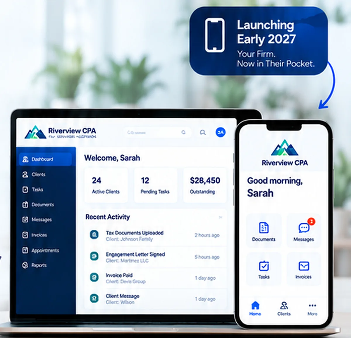 Riverview CPA branded client portal on a laptop and phone